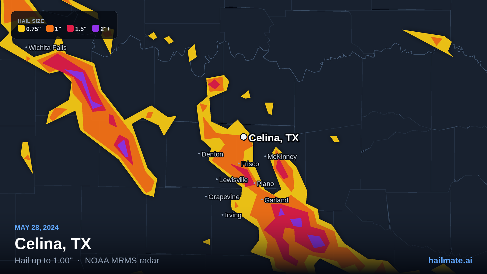 Hail swath map for Celina, TX on May 28, 2024 showing 1.00 inch hail.