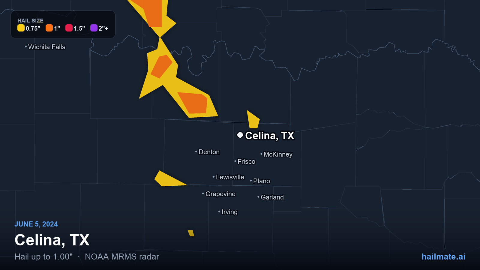 Hail swath map for Celina, TX on June 5, 2024 showing 1.00 inch hail.