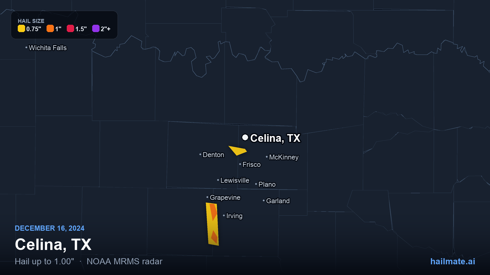 Hail swath map for Celina, TX on December 16, 2024 showing 1.00 inch hail.