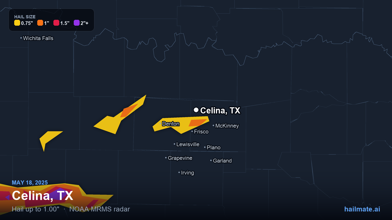 Hail swath map for Celina, TX on May 18, 2025 showing 1.00 inch hail.
