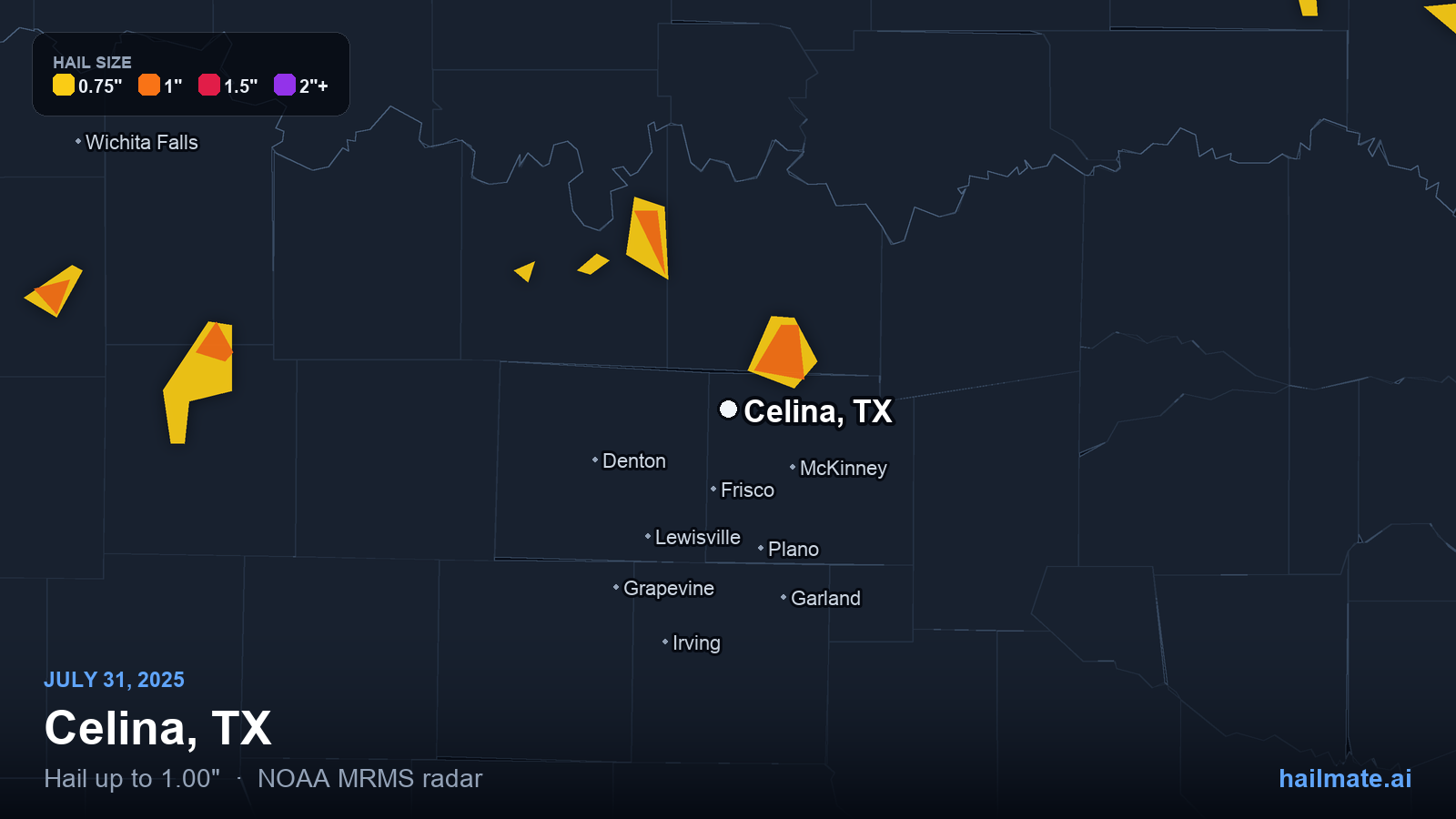 Hail swath map for Celina, TX on July 31, 2025 showing 1.00 inch hail.