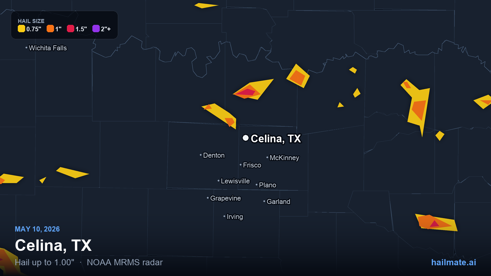 Hail swath map for Celina, TX on May 10, 2026 showing 1.00 inch hail.