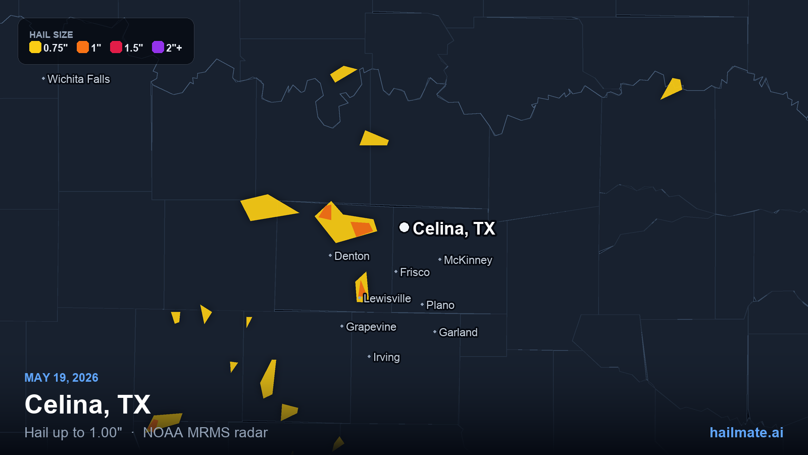 Hail swath map for Celina, TX on May 19, 2026 showing 1.00 inch hail.