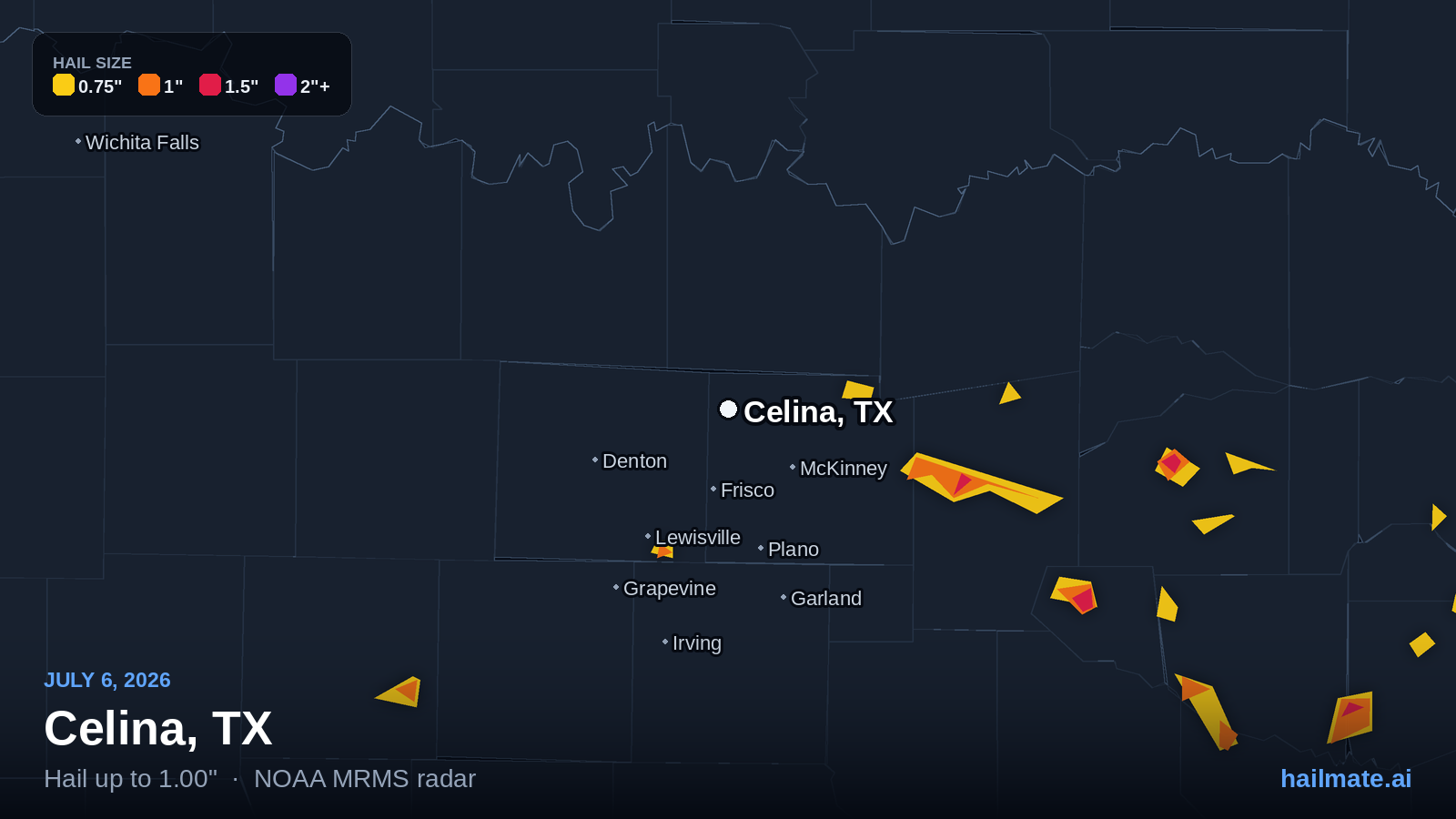 Hail swath map for Celina, TX on July 6, 2026 showing 1.00 inch hail.