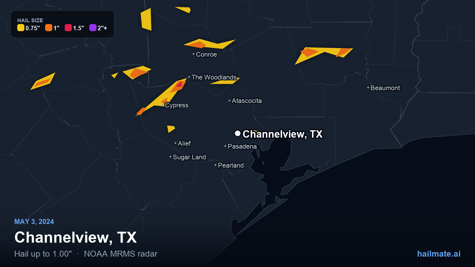 Hail swath map for Channelview, TX on May 3, 2024 showing 1.00 inch hail.
