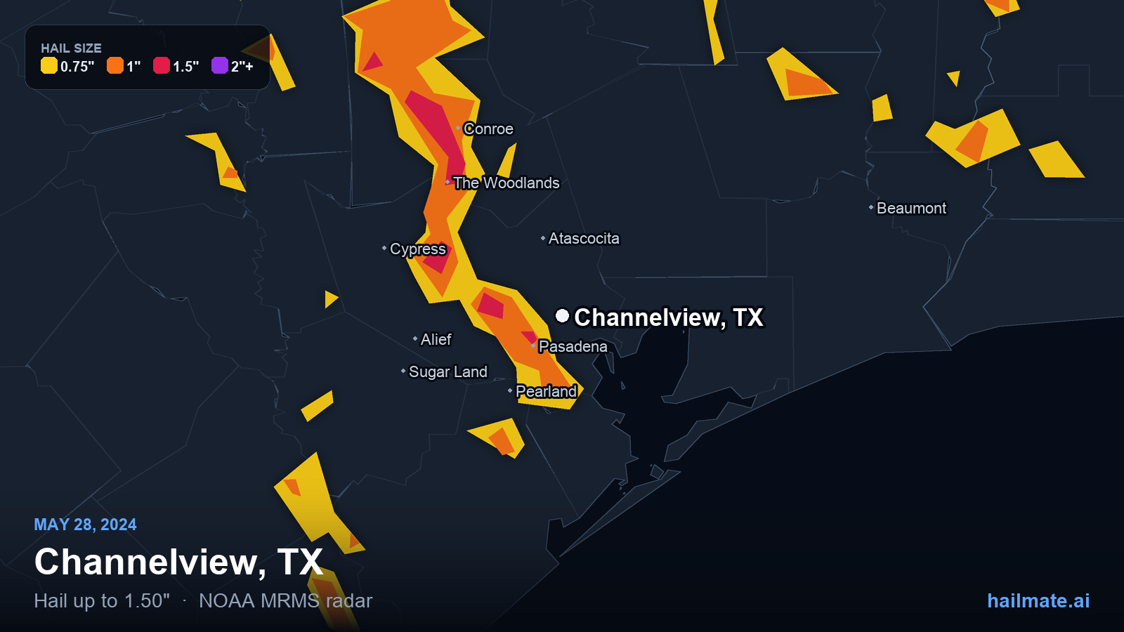 Hail swath map for Channelview, TX on May 28, 2024 showing 1.50 inch hail.