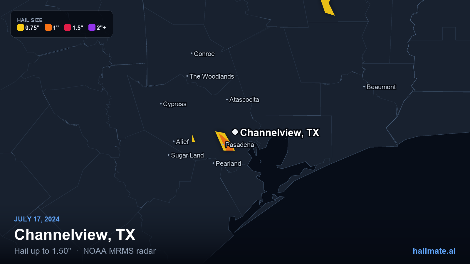 Hail swath map for Channelview, TX on July 17, 2024 showing 1.50 inch hail.