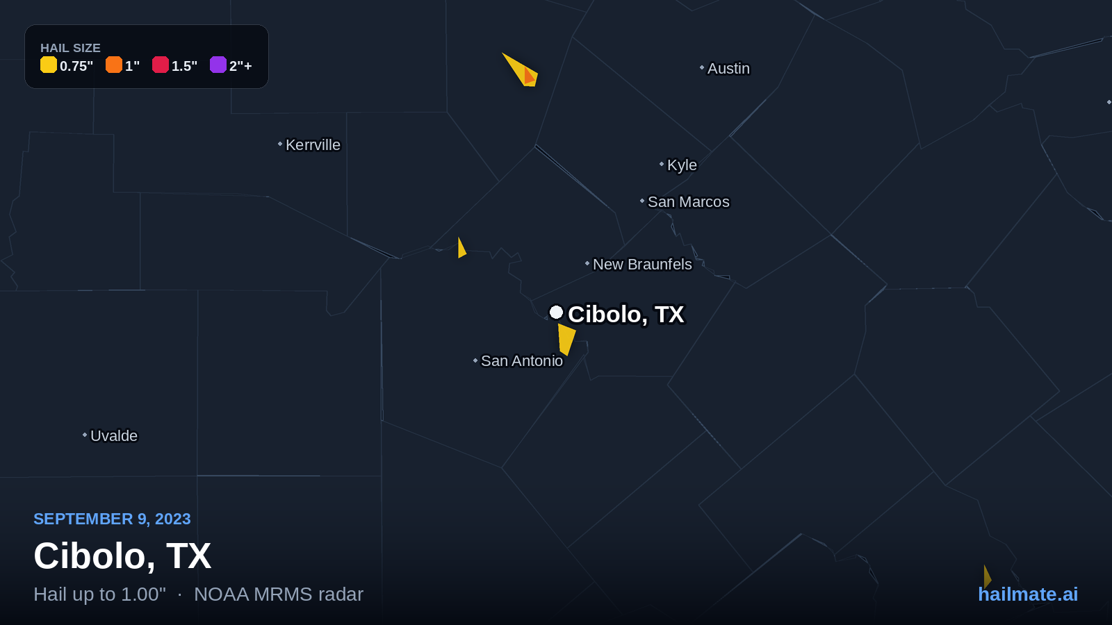Hail swath map for Cibolo, TX on September 9, 2023 showing 1.00 inch hail.