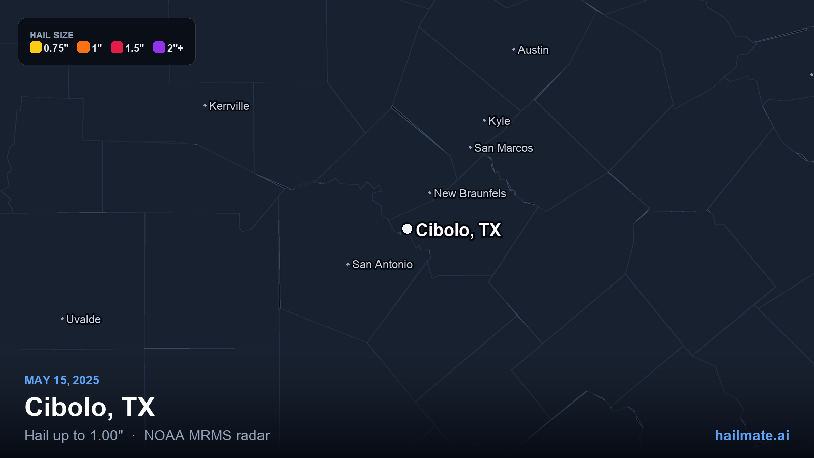 Hail swath map for Cibolo, TX on May 15, 2025 showing 1.00 inch hail.