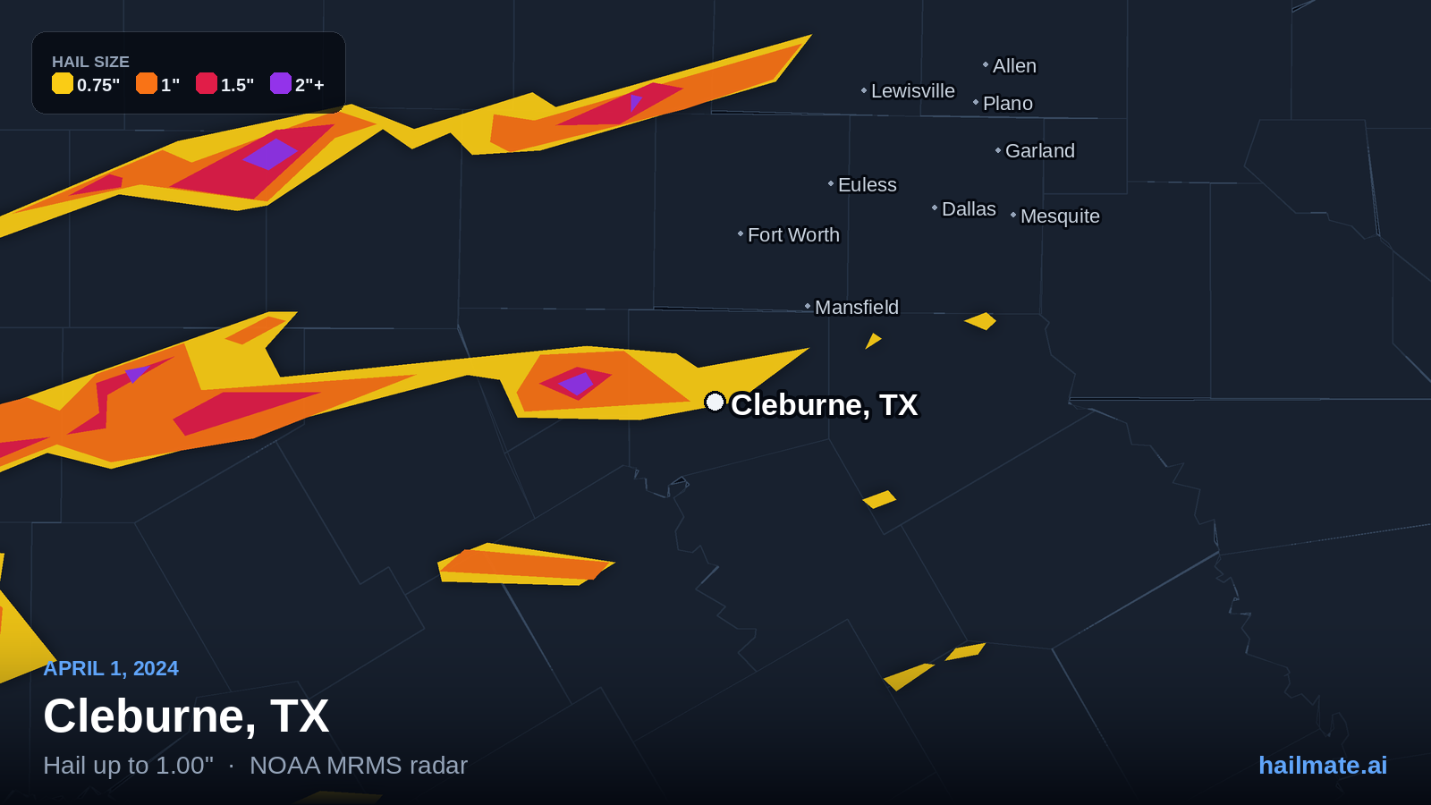 Hail swath map for Cleburne, TX on April 1, 2024 showing 1.00 inch hail.