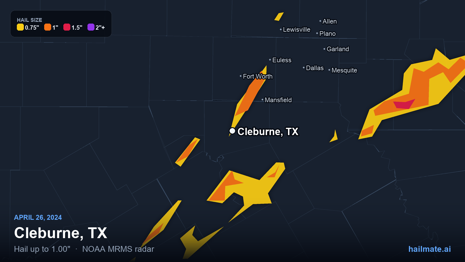 Hail swath map for Cleburne, TX on April 26, 2024 showing 1.00 inch hail.