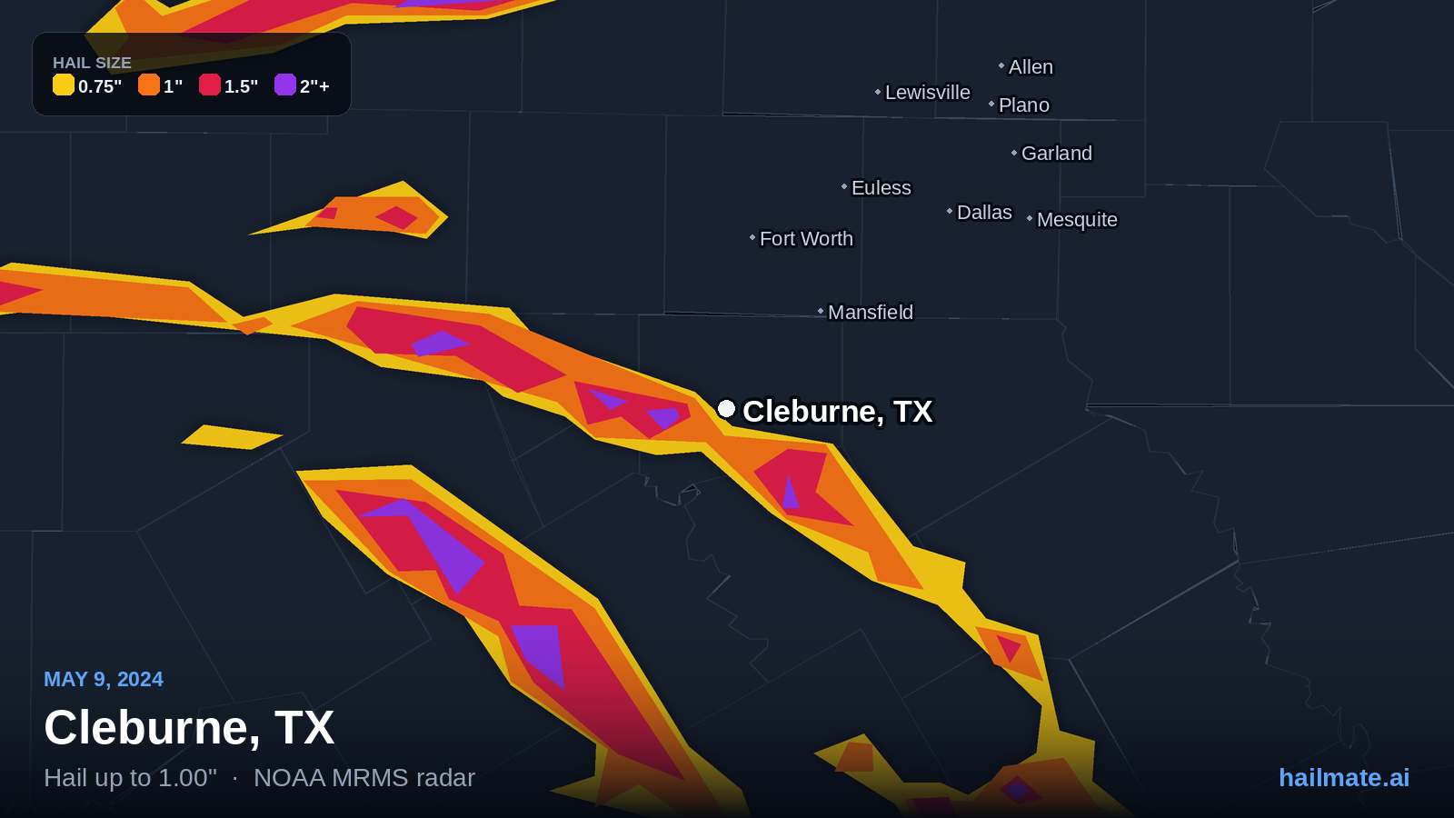 Hail swath map for Cleburne, TX on May 9, 2024 showing 1.00 inch hail.