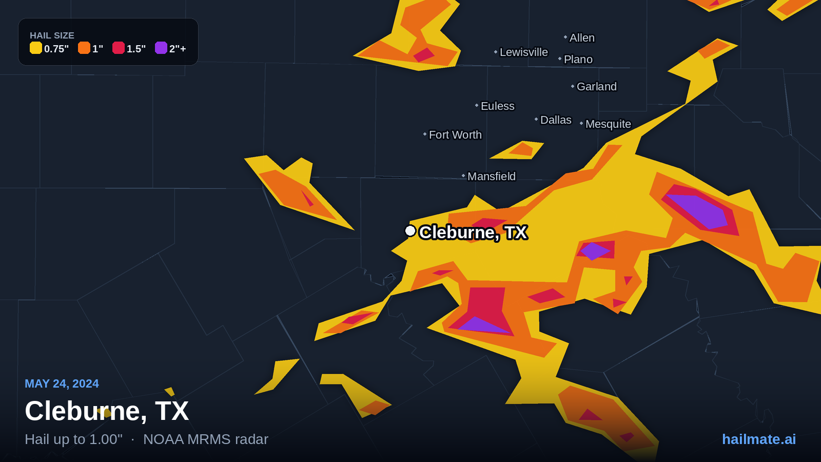 Hail swath map for Cleburne, TX on May 24, 2024 showing 1.00 inch hail.