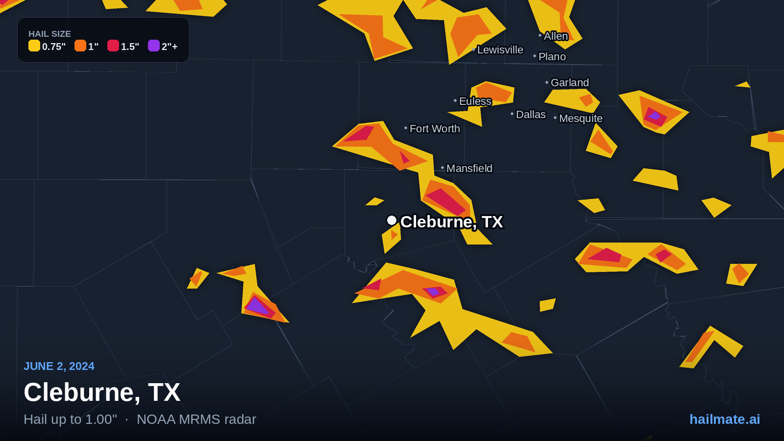 Hail swath map for Cleburne, TX on June 2, 2024 showing 1.00 inch hail.