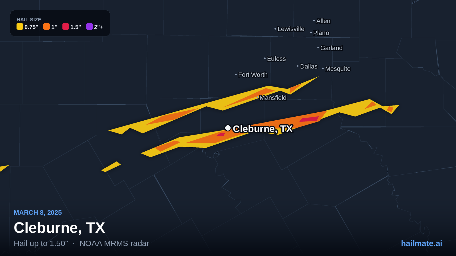 Hail swath map for Cleburne, TX on March 8, 2025 showing 1.50 inch hail.
