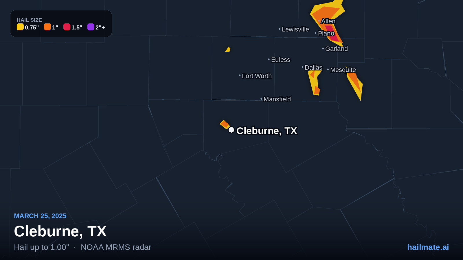 Hail swath map for Cleburne, TX on March 25, 2025 showing 1.00 inch hail.