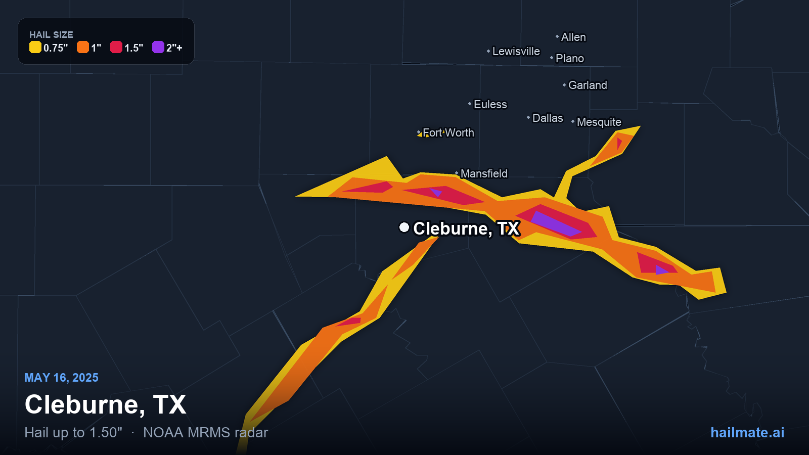 Hail swath map for Cleburne, TX on May 16, 2025 showing 1.50 inch hail.
