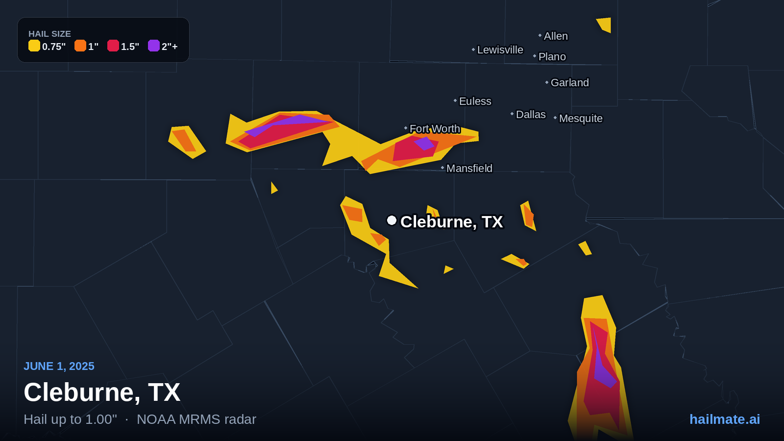 Hail swath map for Cleburne, TX on June 1, 2025 showing 1.00 inch hail.