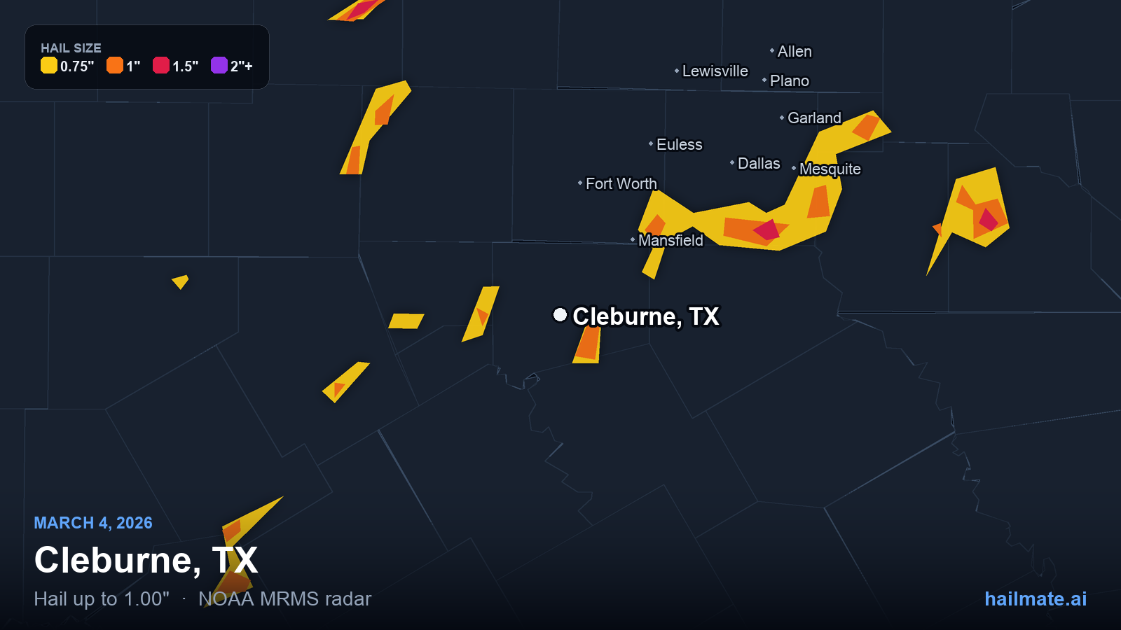 Hail swath map for Cleburne, TX on March 4, 2026 showing 1.00 inch hail.