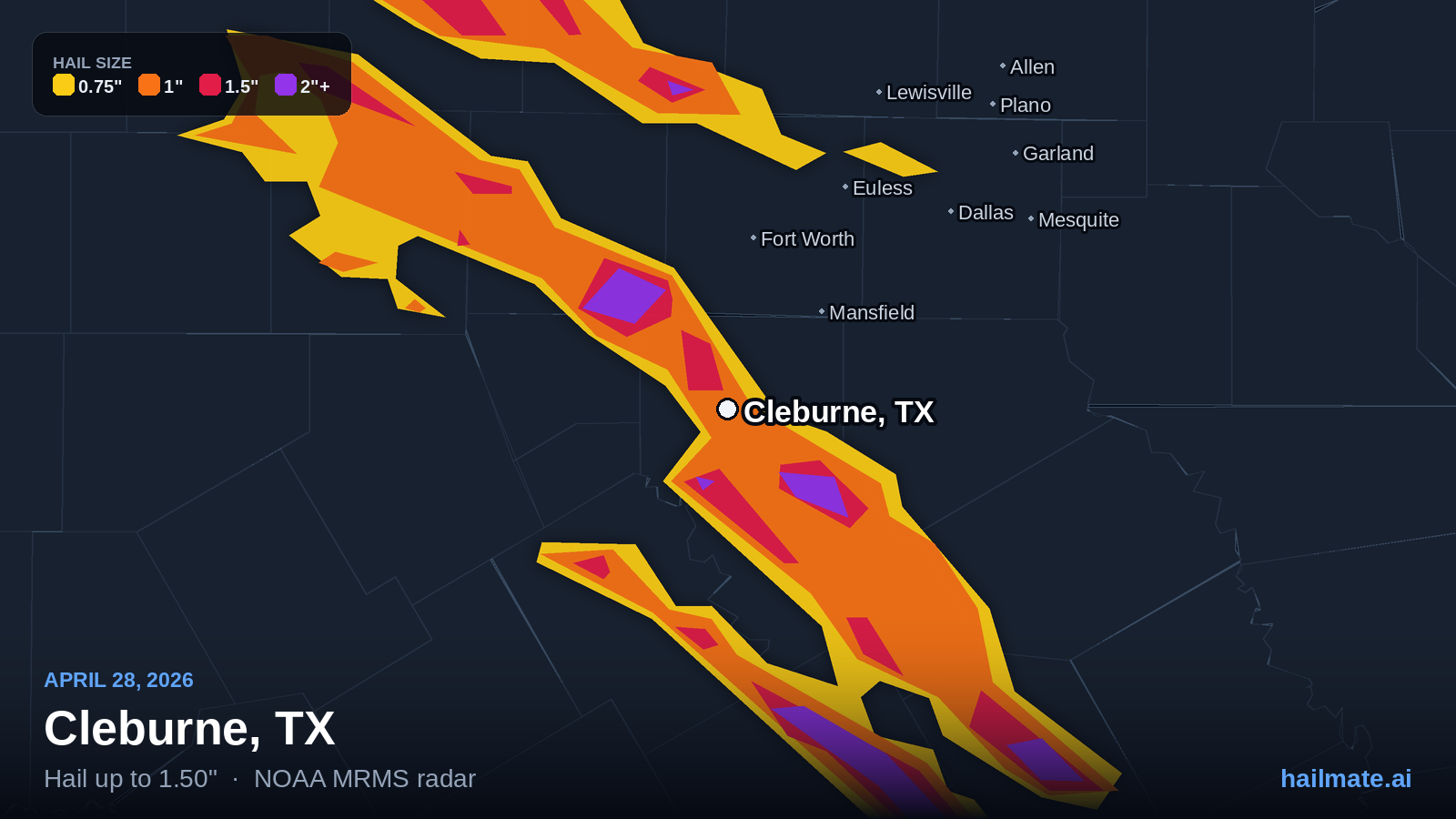 Hail swath map for Cleburne, TX on April 28, 2026 showing 1.50 inch hail.