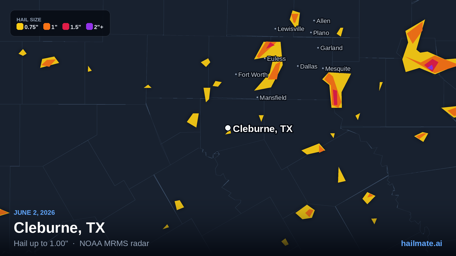 Hail swath map for Cleburne, TX on June 2, 2026 showing 1.00 inch hail.