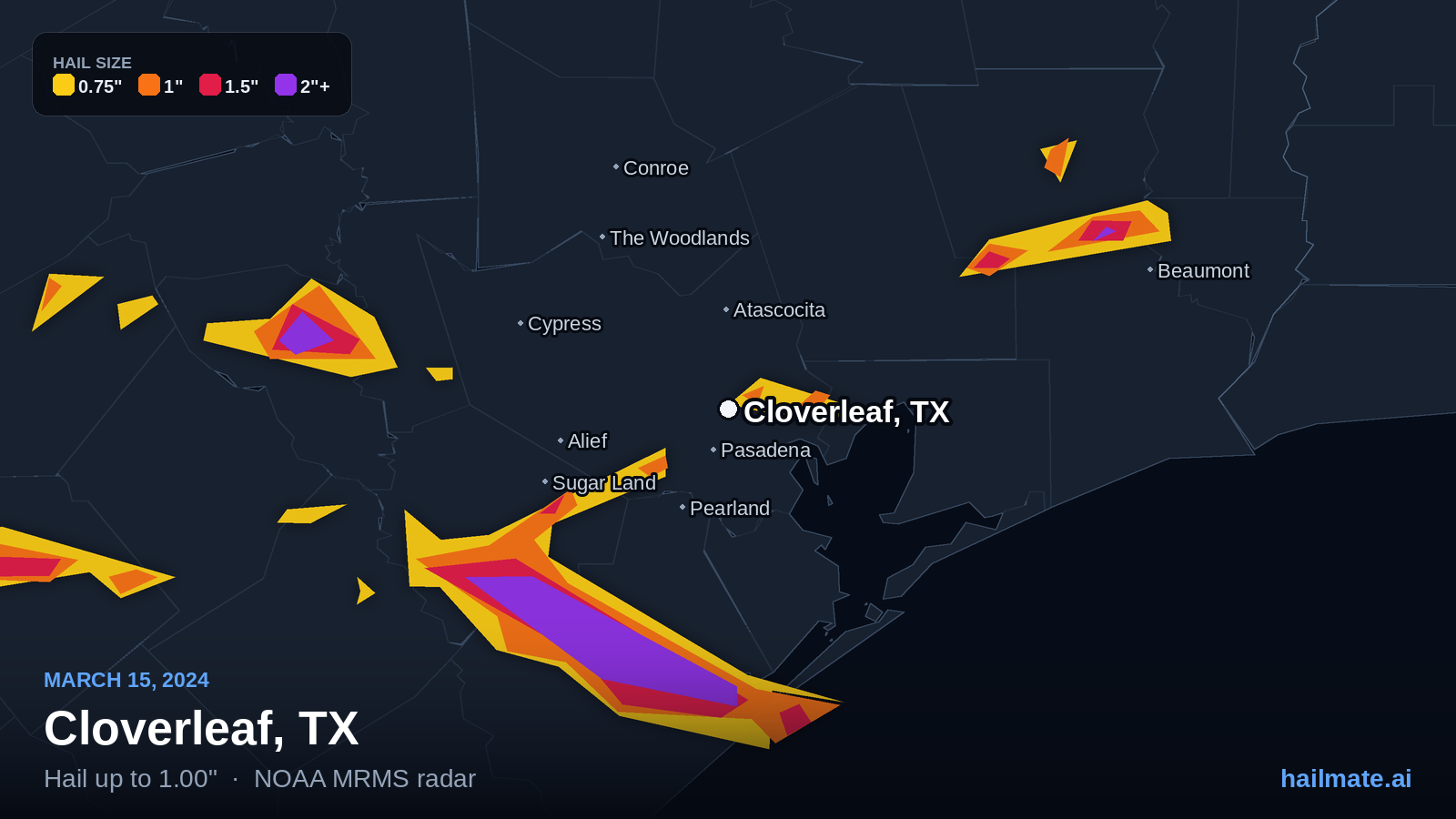 Hail swath map for Cloverleaf, TX on March 15, 2024 showing 1.00 inch hail.
