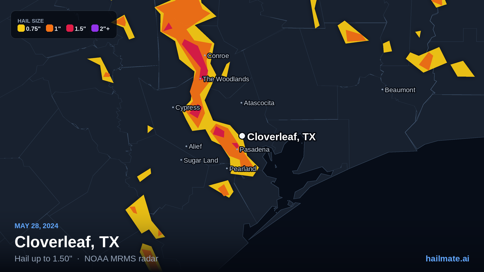 Hail swath map for Cloverleaf, TX on May 28, 2024 showing 1.50 inch hail.