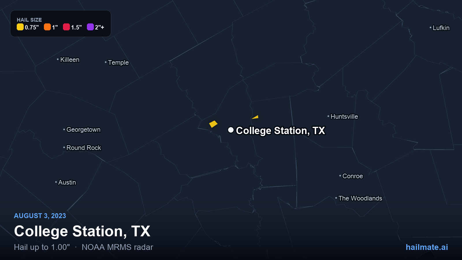 Hail swath map for College Station, TX on August 3, 2023 showing 1.00 inch hail.