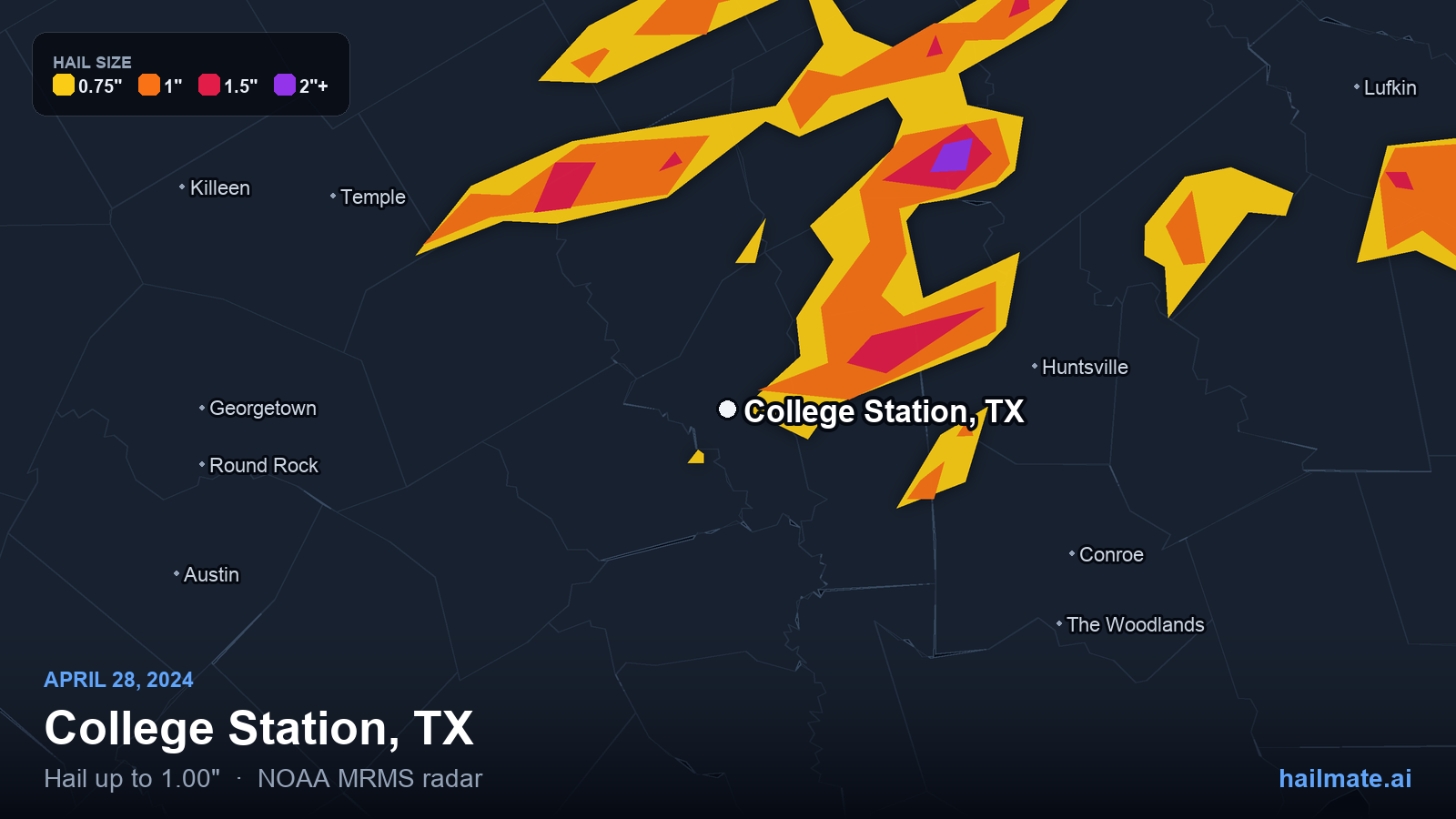 Hail swath map for College Station, TX on April 28, 2024 showing 1.00 inch hail.