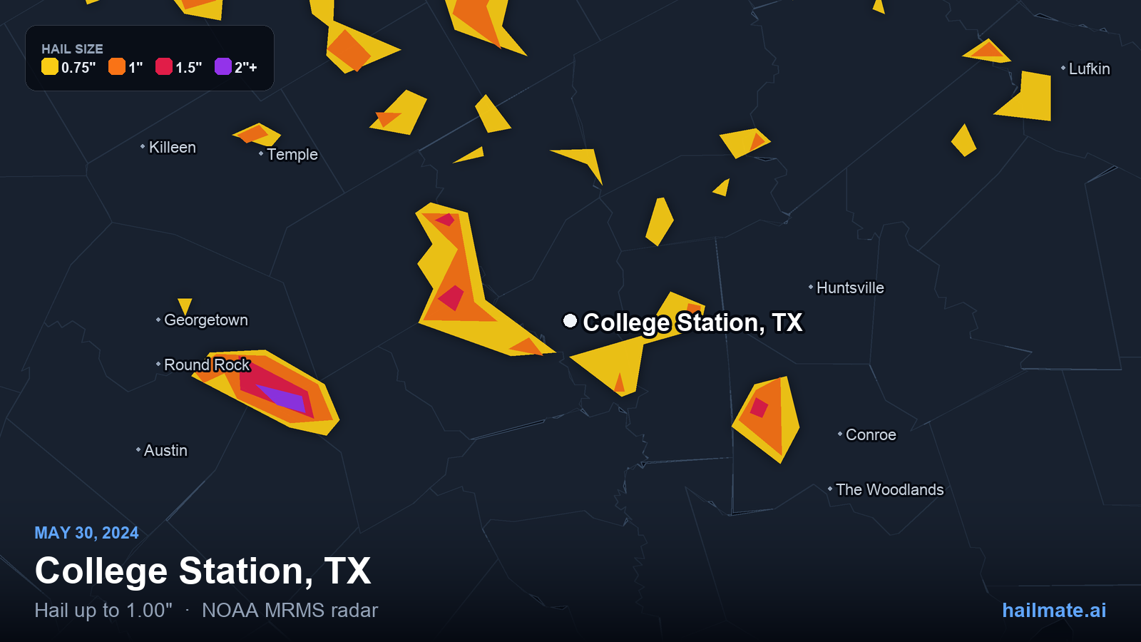 Hail swath map for College Station, TX on May 30, 2024 showing 1.00 inch hail.