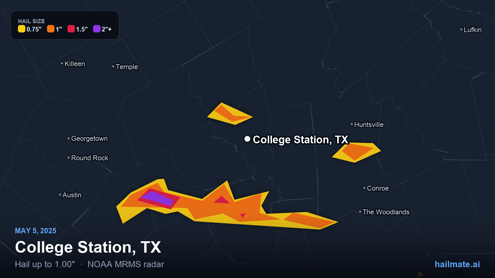 Hail swath map for College Station, TX on May 5, 2025 showing 1.00 inch hail.