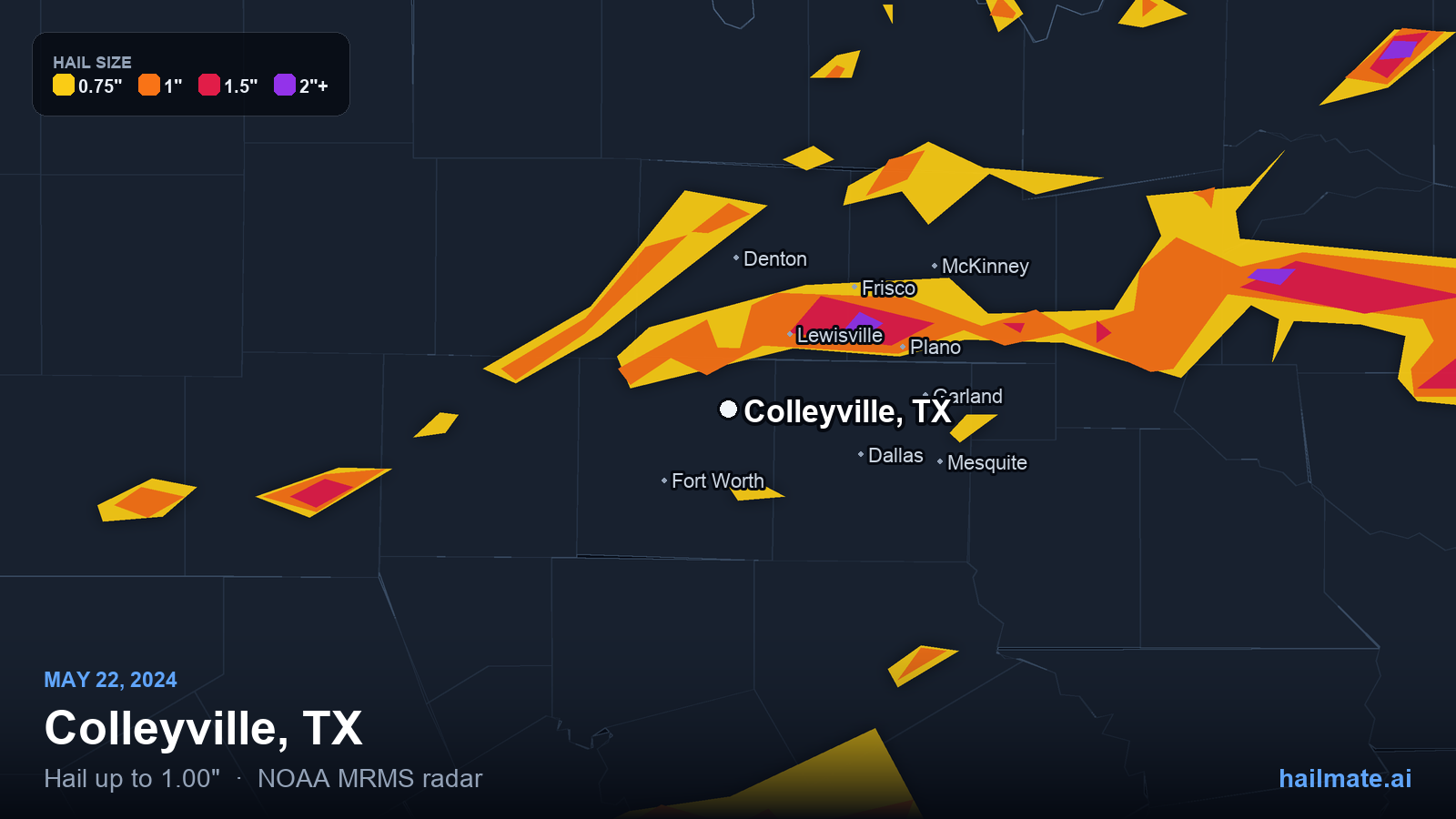 Hail swath map for Colleyville, TX on May 22, 2024 showing 1.00 inch hail.