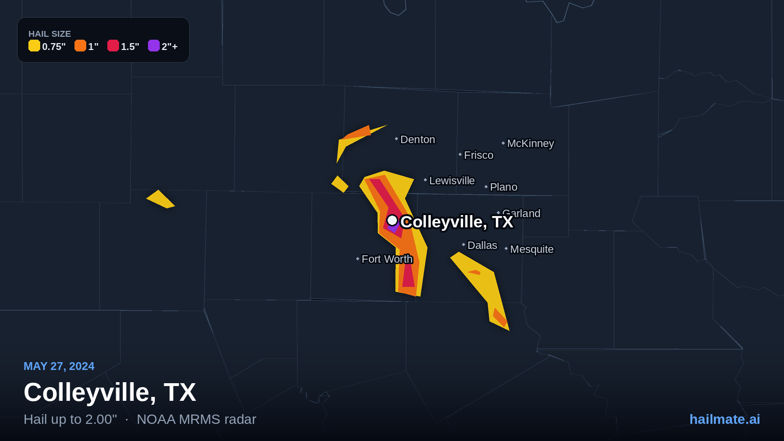 Hail swath map for Colleyville, TX on May 27, 2024 showing 2.00 inch hail.