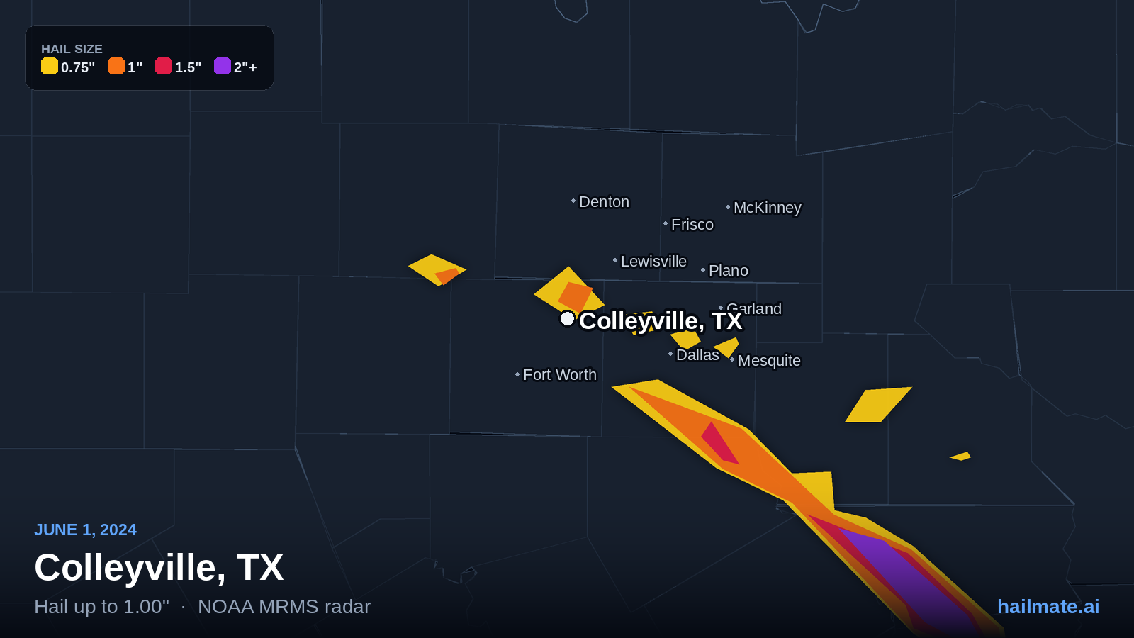Hail swath map for Colleyville, TX on June 1, 2024 showing 1.00 inch hail.