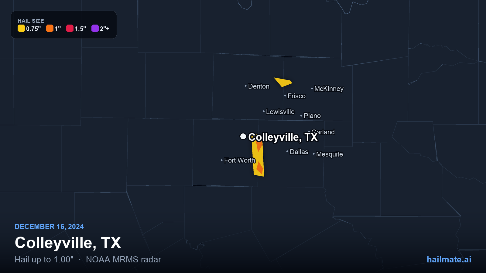 Hail swath map for Colleyville, TX on December 16, 2024 showing 1.00 inch hail.