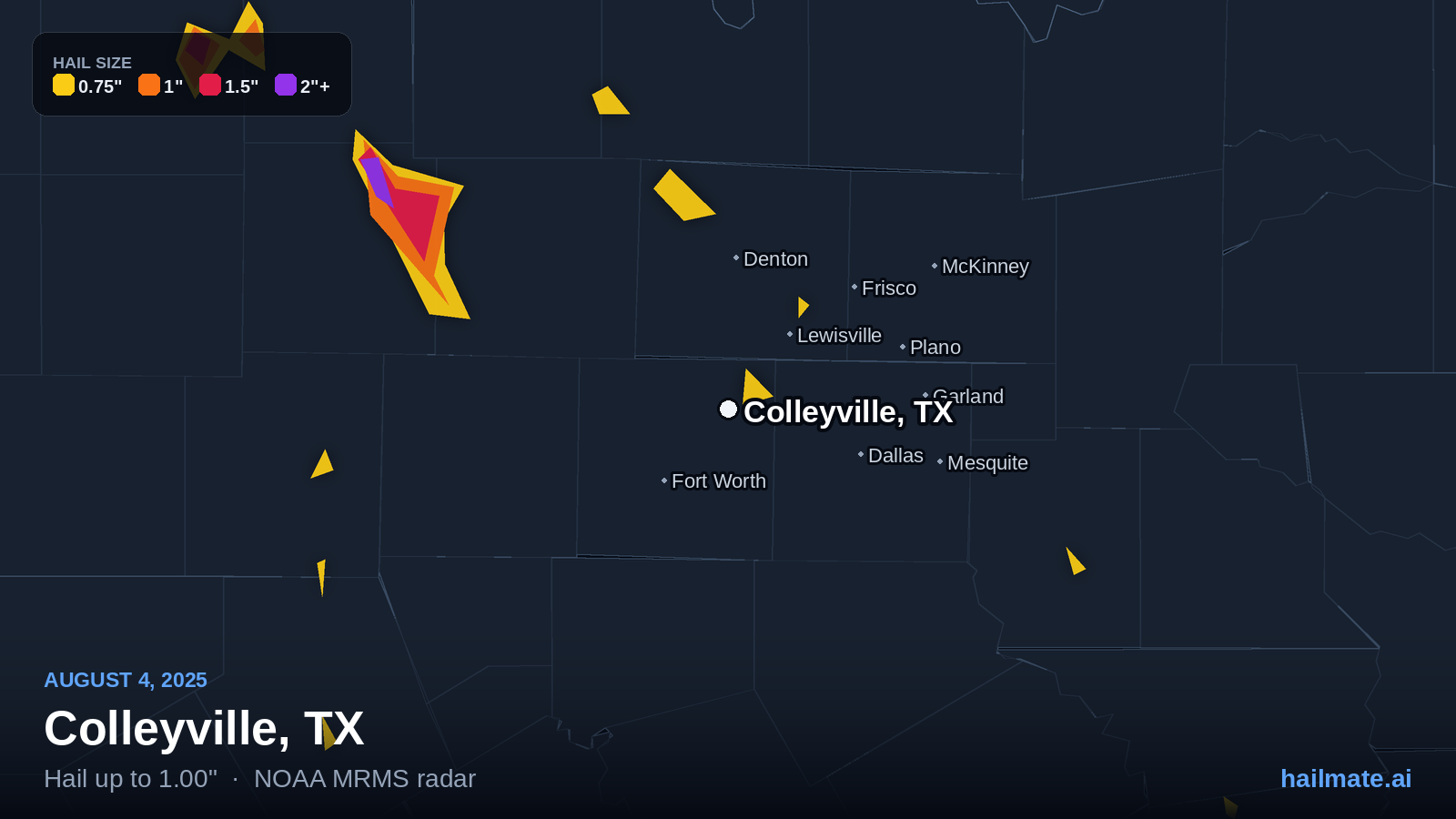 Hail swath map for Colleyville, TX on August 4, 2025 showing 1.00 inch hail.