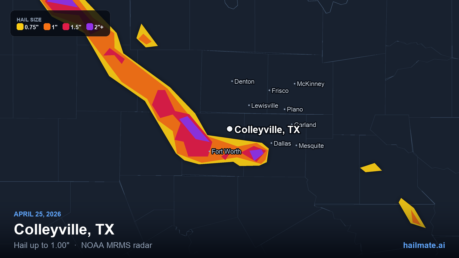 Hail swath map for Colleyville, TX on April 25, 2026 showing 1.00 inch hail.