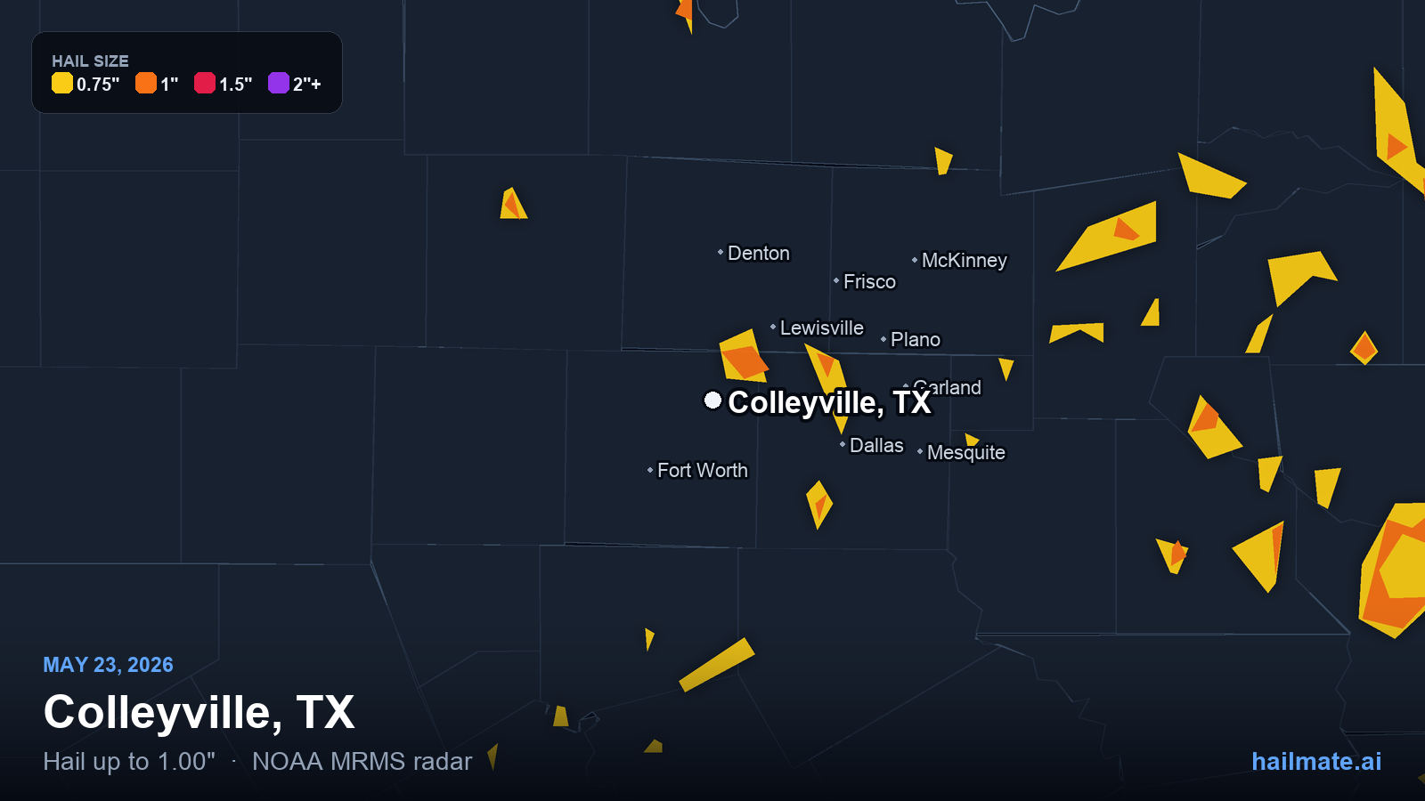Hail swath map for Colleyville, TX on May 23, 2026 showing 1.00 inch hail.