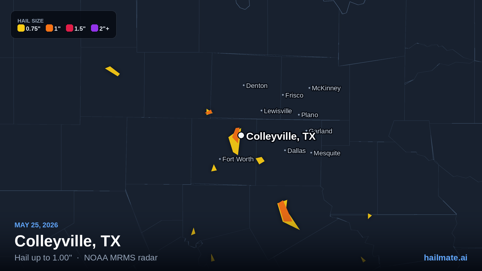 Hail swath map for Colleyville, TX on May 25, 2026 showing 1.00 inch hail.