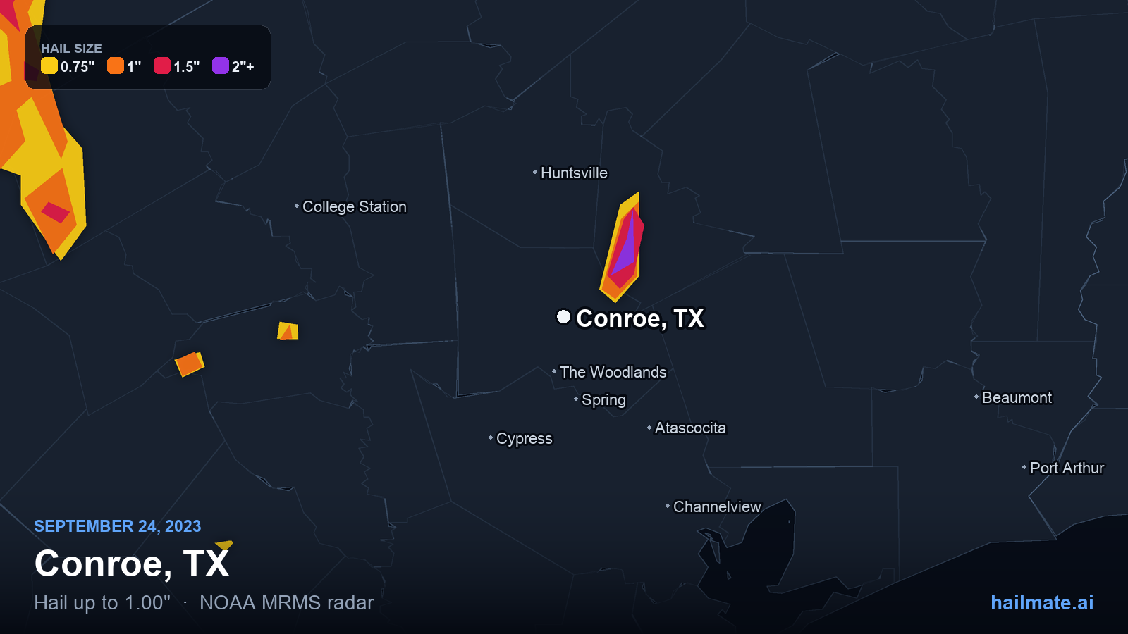 Hail swath map for Conroe, TX on September 24, 2023 showing 1.00 inch hail.