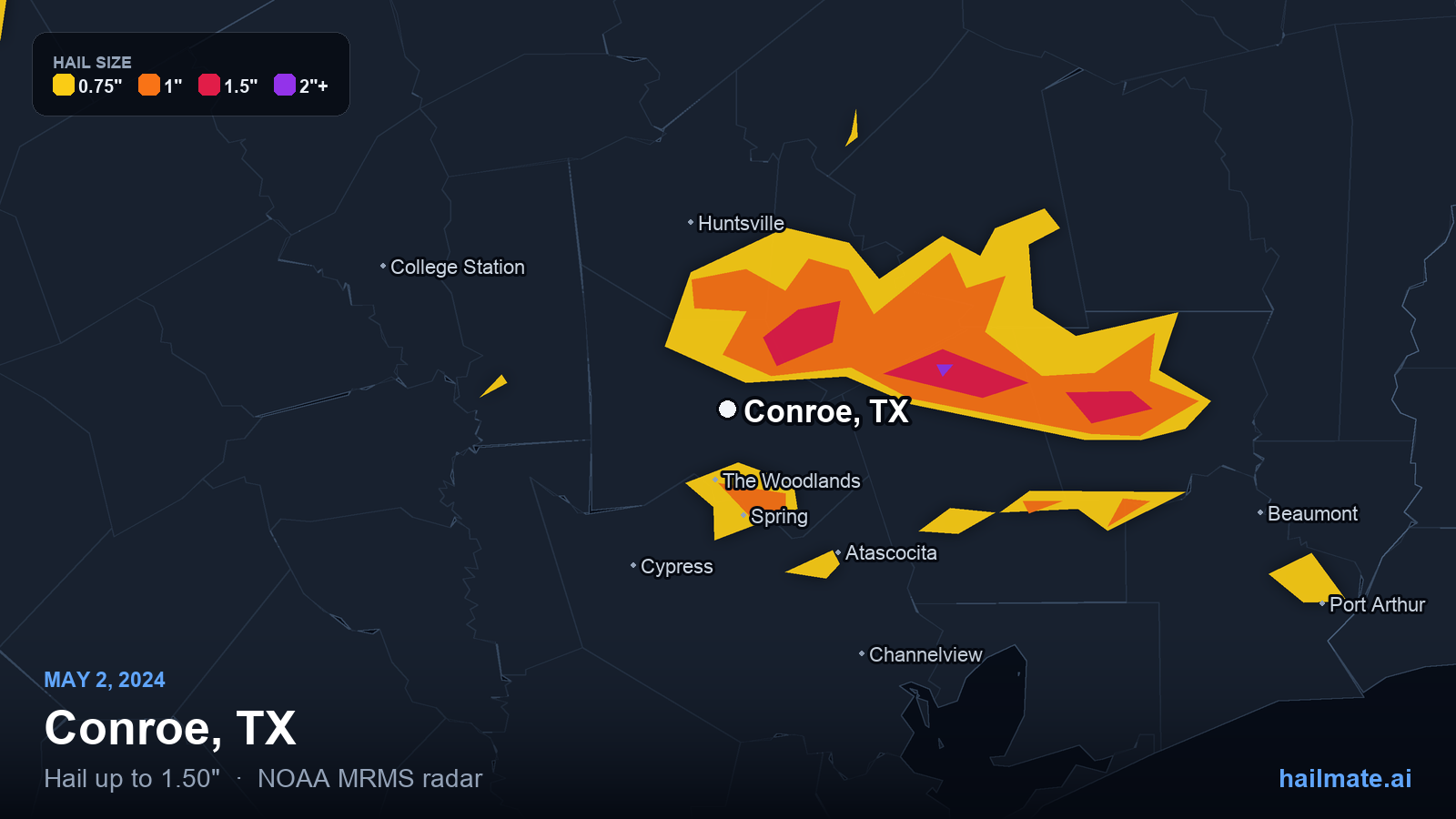 Hail swath map for Conroe, TX on May 2, 2024 showing 1.50 inch hail.