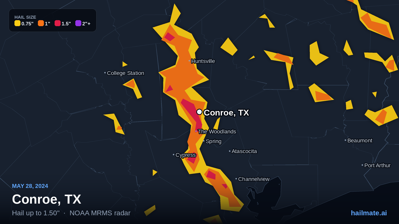 Hail swath map for Conroe, TX on May 28, 2024 showing 1.50 inch hail.