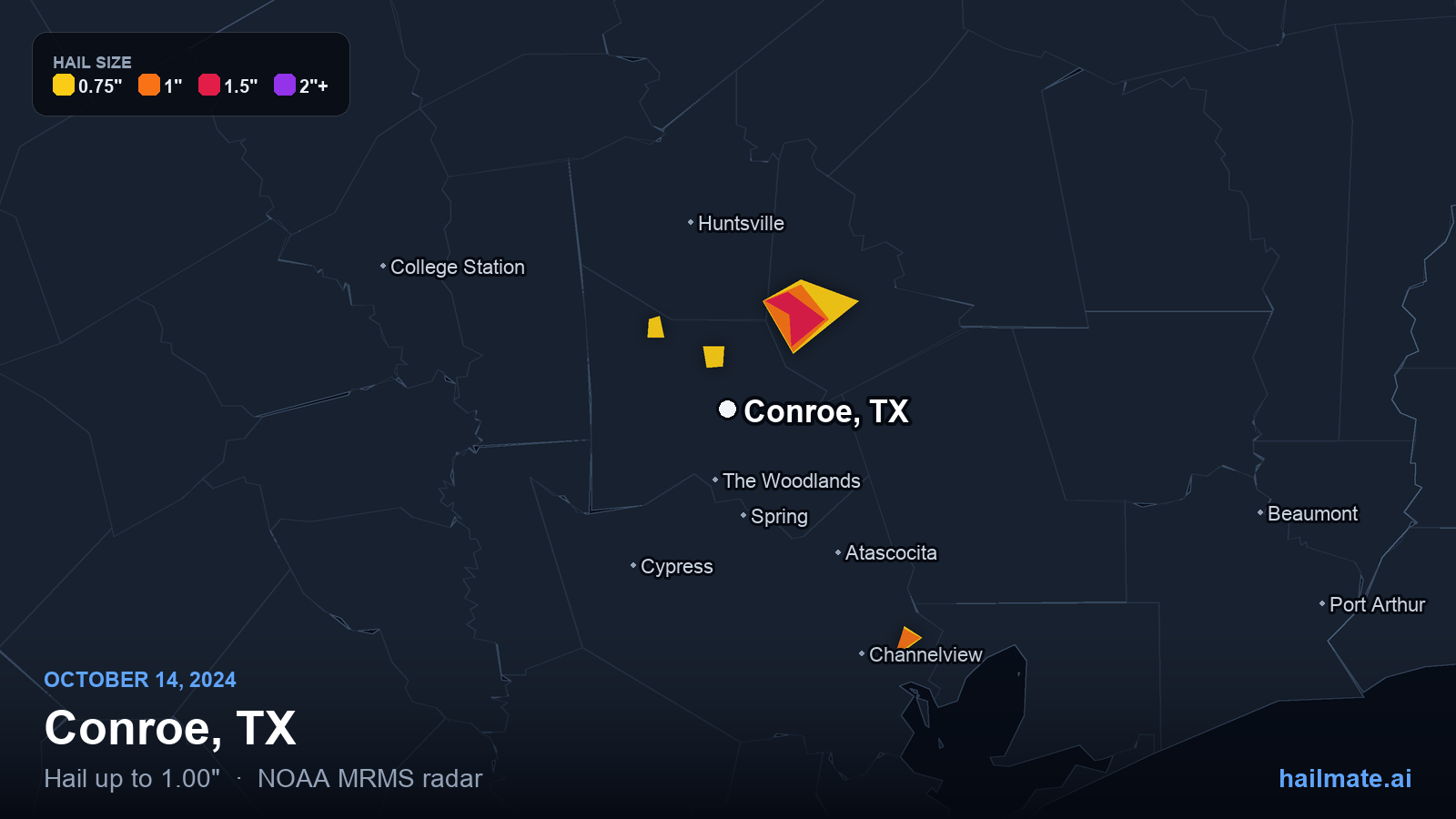 Hail swath map for Conroe, TX on October 14, 2024 showing 1.00 inch hail.