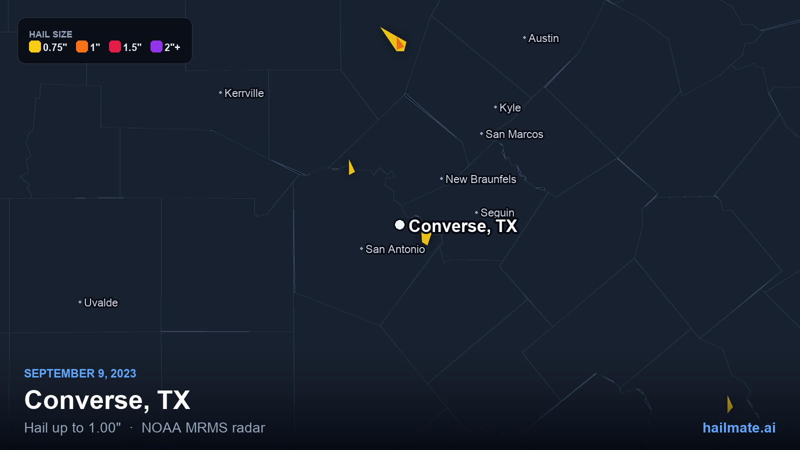 Hail swath map for Converse, TX on September 9, 2023 showing 1.00 inch hail.