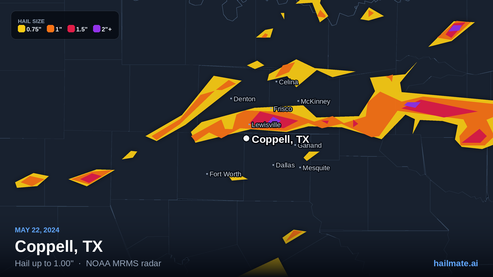 Hail swath map for Coppell, TX on May 22, 2024 showing 1.00 inch hail.