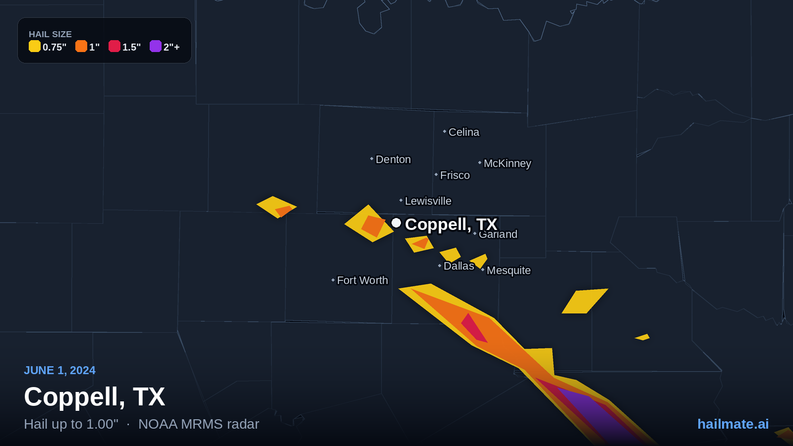 Hail swath map for Coppell, TX on June 1, 2024 showing 1.00 inch hail.