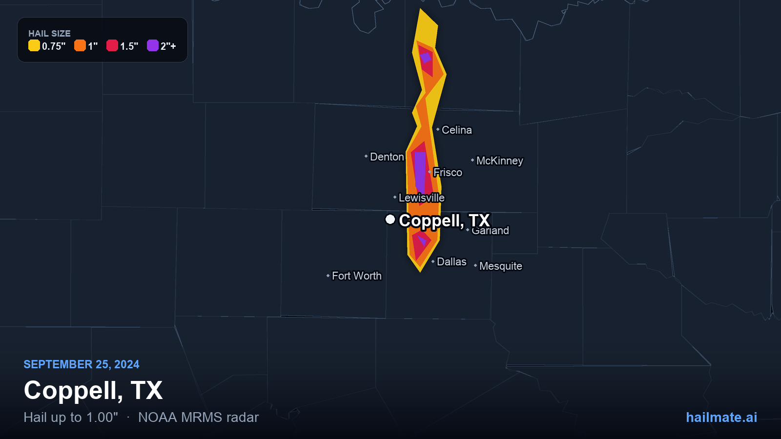 Hail swath map for Coppell, TX on September 25, 2024 showing 1.00 inch hail.