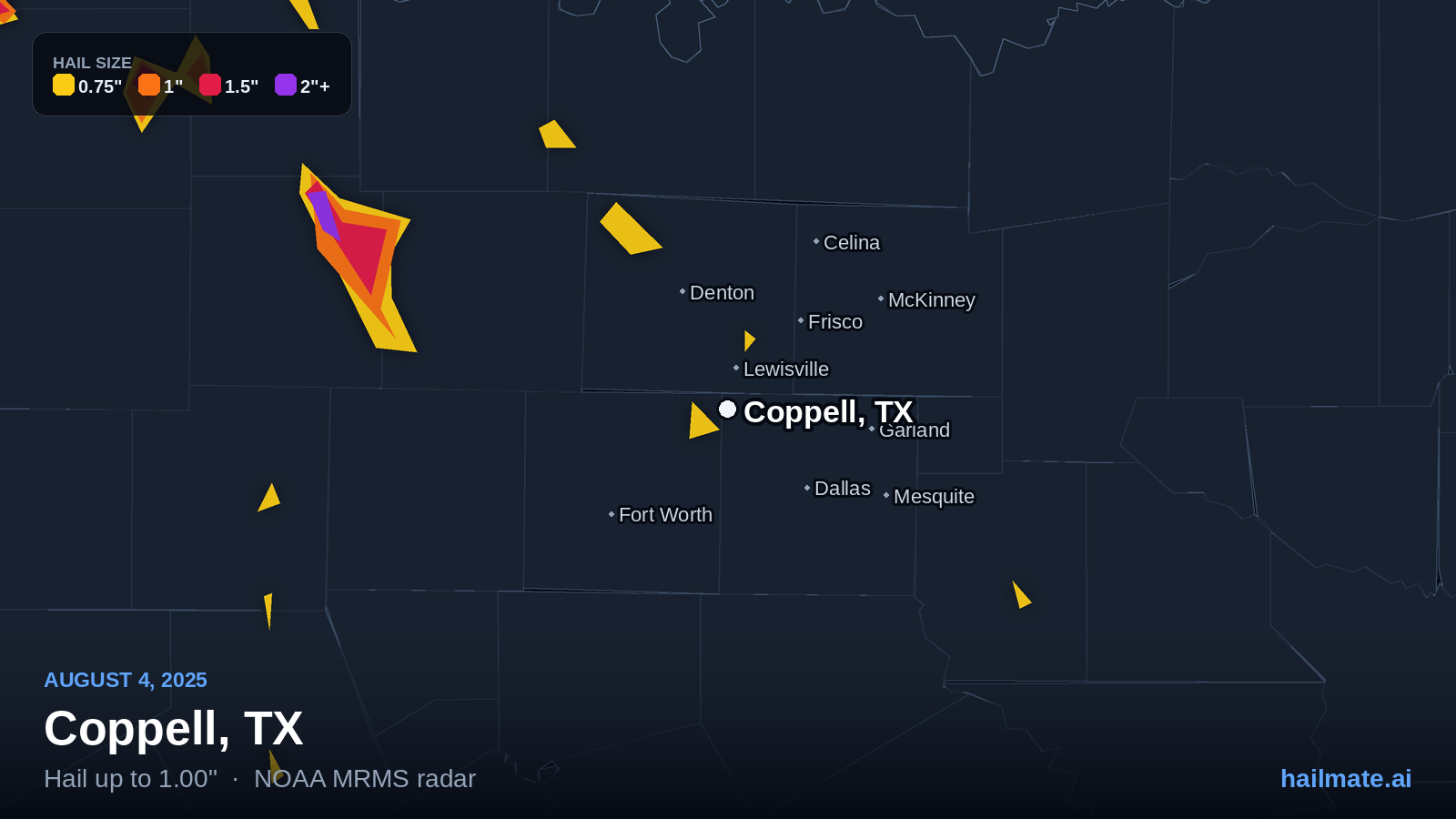 Hail swath map for Coppell, TX on August 4, 2025 showing 1.00 inch hail.