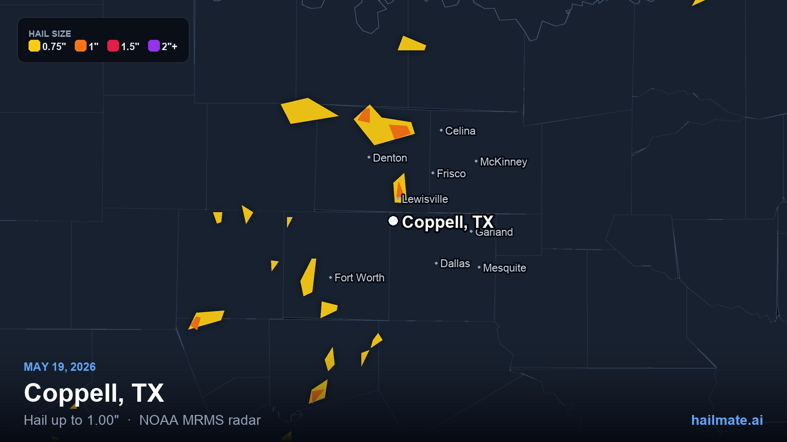 Hail swath map for Coppell, TX on May 19, 2026 showing 1.00 inch hail.