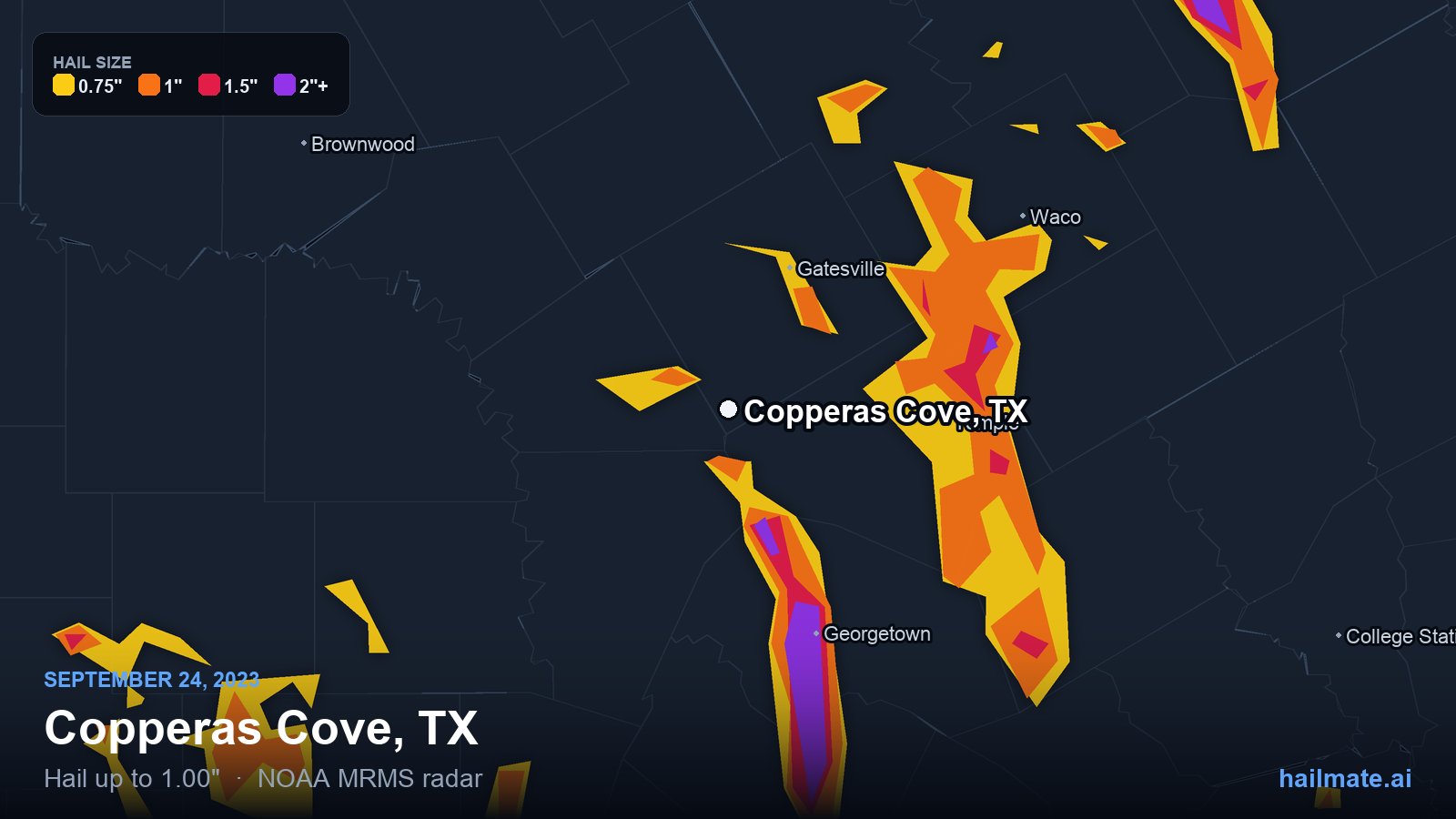 Hail swath map for Copperas Cove, TX on September 24, 2023 showing 1.00 inch hail.